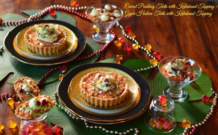 Carrot Pudding Tarts with Kalakand Topping / Gajar Halwa Tarts with Kalakand Topping